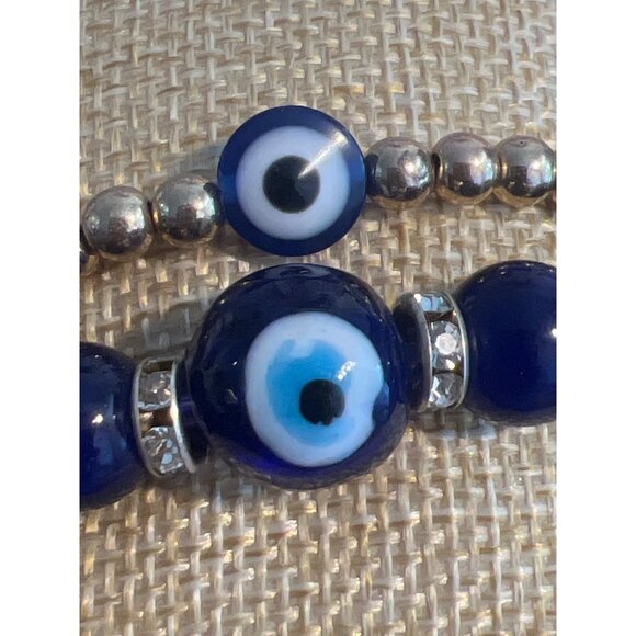Set of 2 Evil Eye Beaded Bracelet Gold Tone Blue Glass Stretch Stack 6.5" 6.75" - Picture 2 of 5